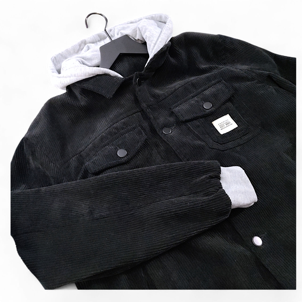 Men's Black Corduroy Jacket with Hood Size XS - Picture 3 of 11
